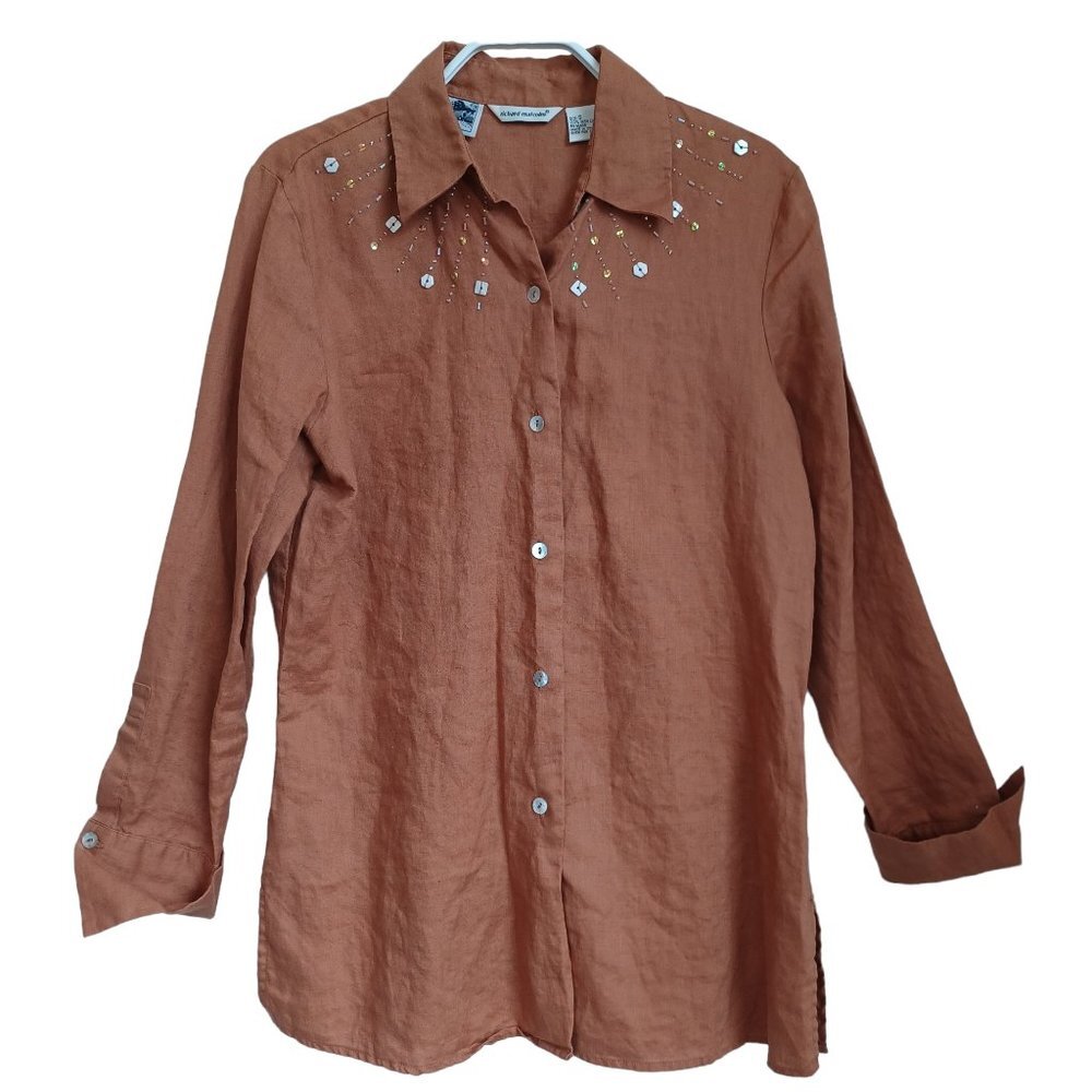 Richard Malcolm Blouse‎ Irish Linen Embellished Button Up size Small